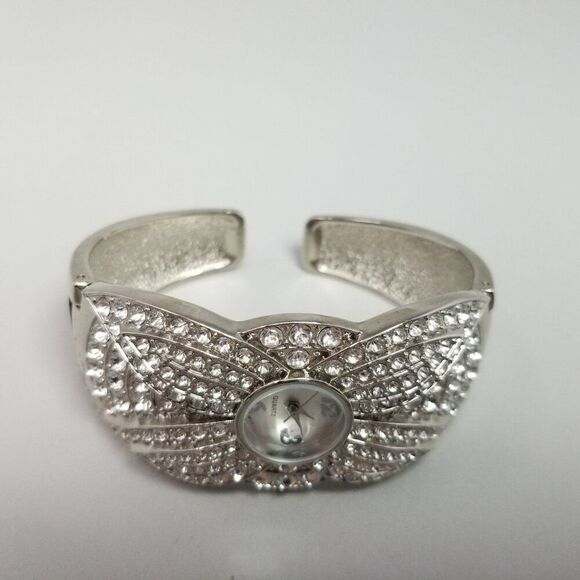 Vintage Rhinestone Encrusted Silver Tone Cuff Bangle Quartz Watch, AS IS - Picture 4 of 9